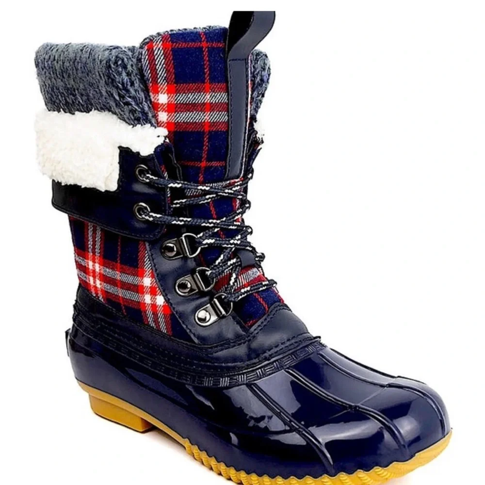 Ocean Coast Red Blue Plaid Scram Winter Rain Boot, sz 8